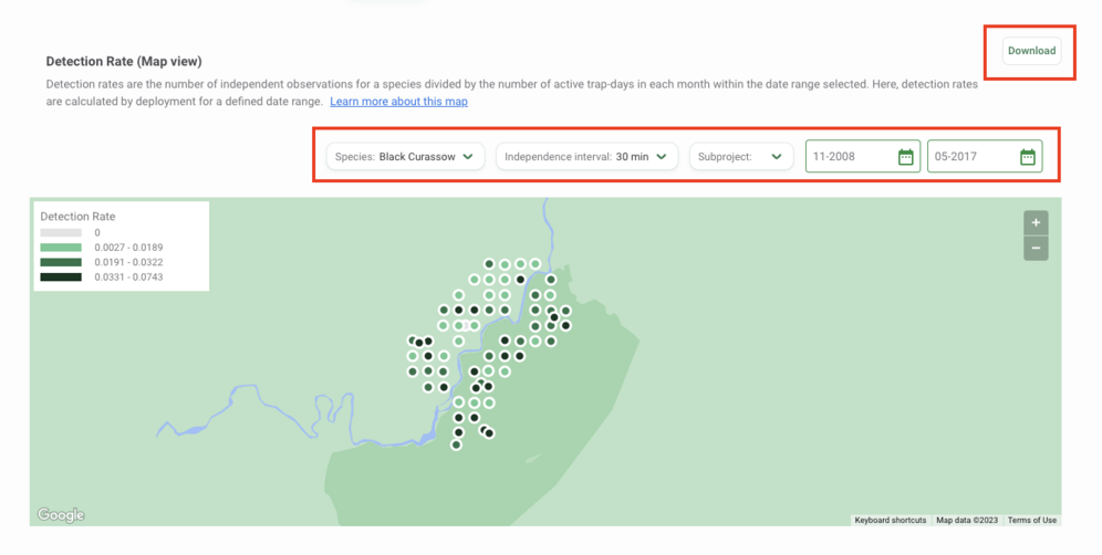 wildlife insight screenshot showing detection rate map