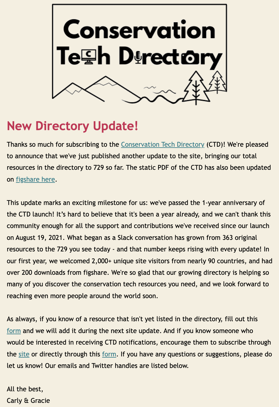 screenshot of email about conservation tech directory update