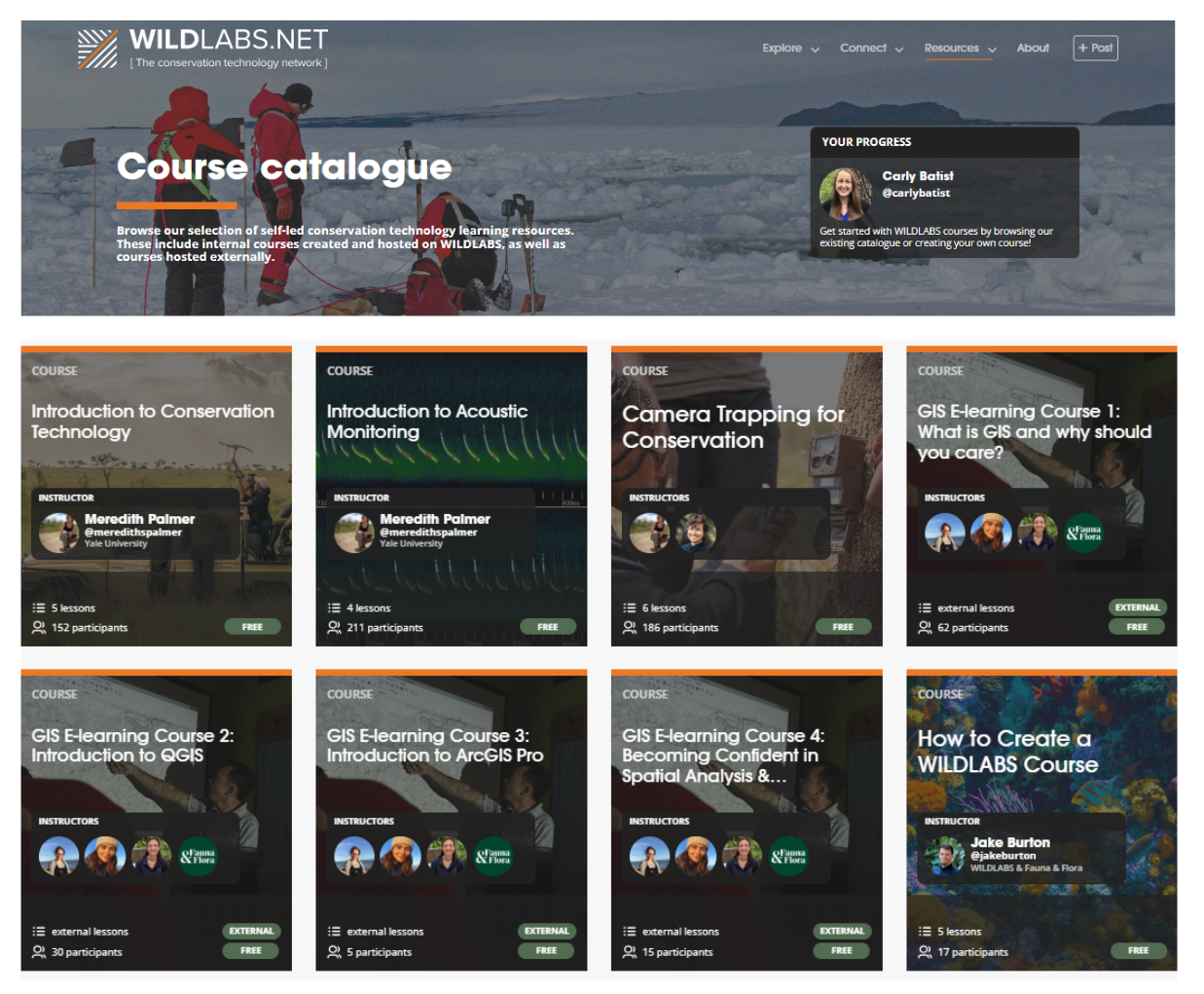 screenshot of wildlabs course catalogue