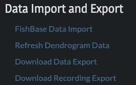 Screenshot of the FishSounds Admin Portal showing data import and export options.