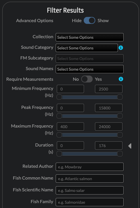 Screenshot of the FishSounds recording search options, showcasing the advanced search with new features like sound category and minimum frequency.