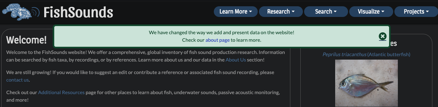 Screenshot of the FishSounds home page with a pop up banner announcing that changes have been made.