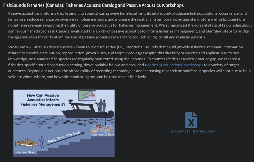 Screenshot of the FishSounds Fisheries project page summarizing the FishSounds Fisheries (Canada) project, with data available for download.