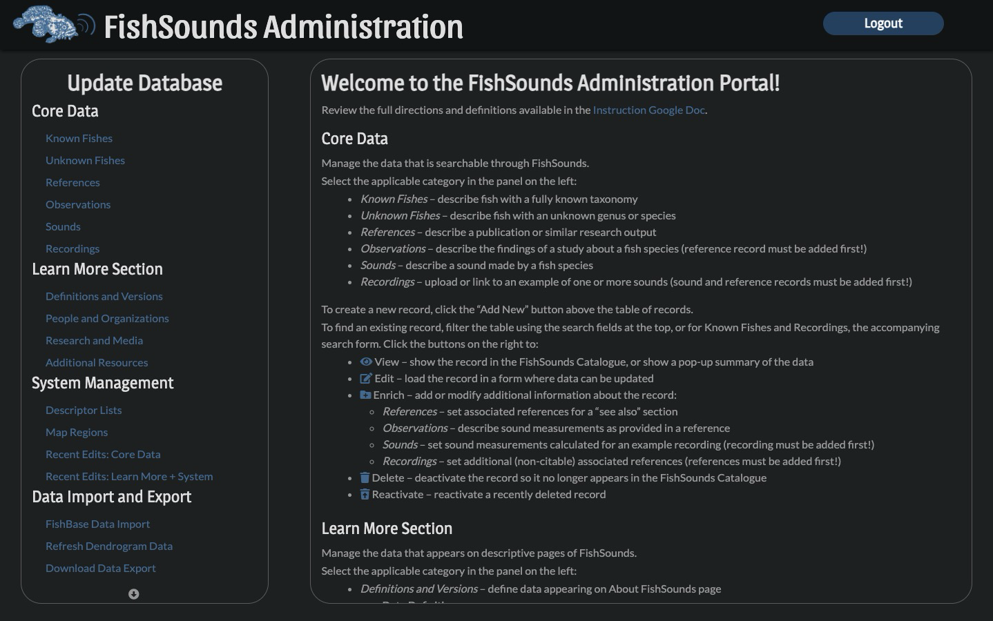 Screenshot of the FishSounds Admin Portal, showing options for adding different types of data or system management.