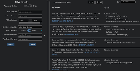 Screenshot of the FishSounds website showing search results for research summaries published in 2024 and 2025.