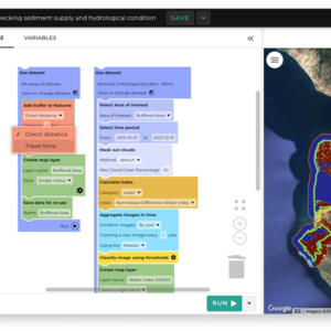 Screenshot of the Creator view in Earth Blox showing a no-code workflow for analysing satellite data. The left panel displays drag-and-drop blocks for dataset selection, filters, and analysis steps like buffering, cloud masking, and calculating the NDWI index. The right panel shows a satellite map with visualised results of water classification over a coastal region. A “Run” button is visible at the bottom for executing the workflow.