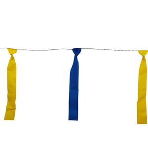 alternating blue and yellow turbo fladry pendants on conductive electric fence wire