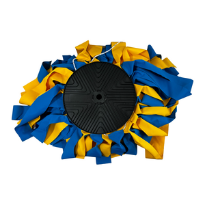 Turbo fladry wolf deterrent is rolled on 100m spools. Yellow and blue flagging visible