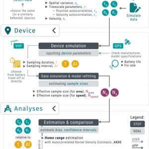 Conceptual workflow of the key elements of the movedesign application, providing a R/Shiny powered user interface to test different sampling designs for specified tracking projects.